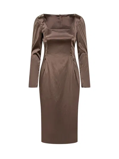 Dolce & Gabbana Satin Long Sleeve Dress In Brown