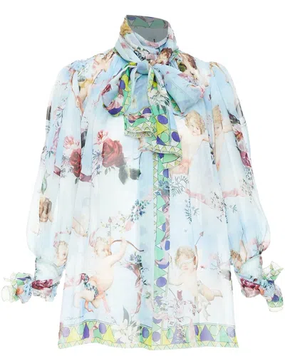 Pre-owned Dolce & Gabbana Dolce Gabbana Silk Cherub Cupids Print Pussybow Sheer Blouse  (authentic Pre-loved)