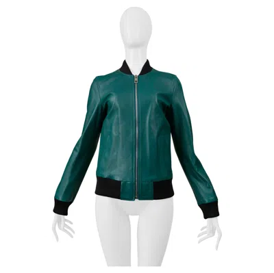 Pre-owned Dolce & Gabbana Dolce Green Leather Bomber Jacket With Black Trim