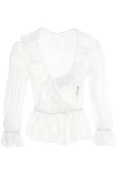 Dolce & Gabbana Ruffled-trim Silk Cropped Blouse In Bianco