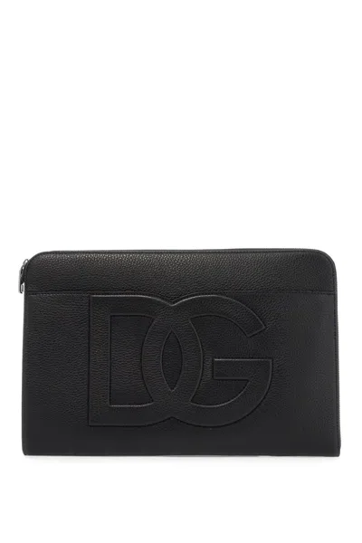 Dolce & Gabbana Large Hammered Leather Pouch In 黑色的