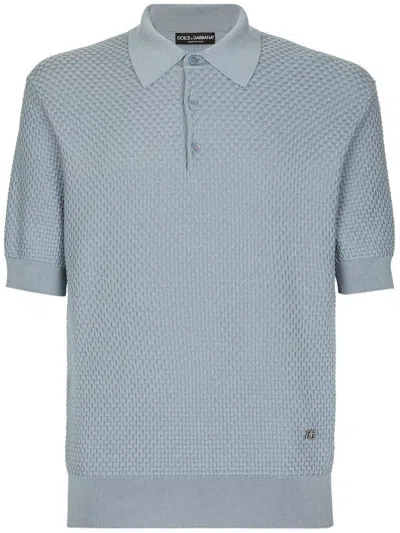 Dolce & Gabbana Waffle-knit Short-sleeved Polo Shirt In Celeste Medio