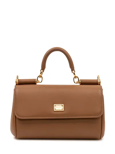 Dolce & Gabbana Dolce-style Plunge Leather Mini Handbag With Pvc Detail In Caramello