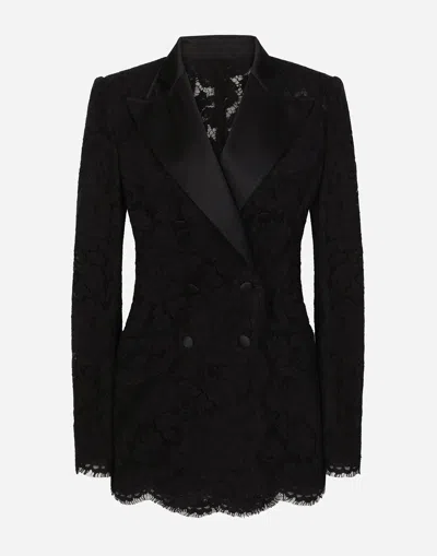 DOLCE & GABBANA DOUBLE-BREASTED BRANDED FLORAL CORDONETTO LACE TURLINGTON-FIT JACKET