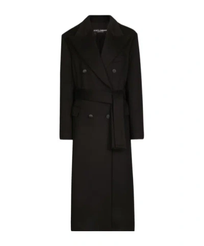 Dolce & Gabbana Double-breasted Long Wool Coat And Pockets In Black