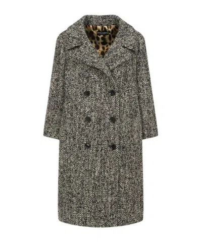 Dolce & Gabbana Double-breasted Herringbone Coat In Gray