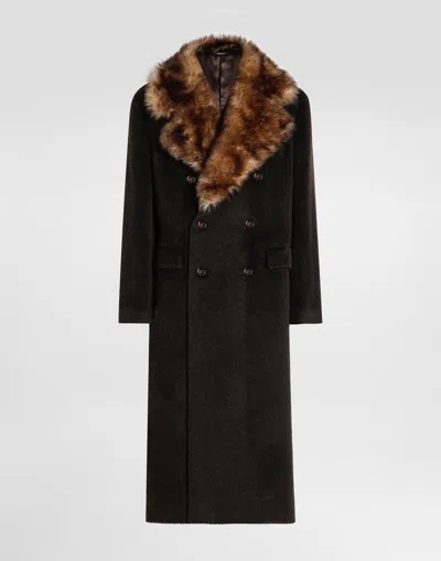 Dolce & Gabbana Double-breasted Coat With Fur Collar In Brown