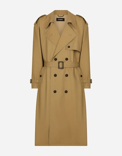 Dolce & Gabbana Double-breasted Cotton Trench Coat In Beige