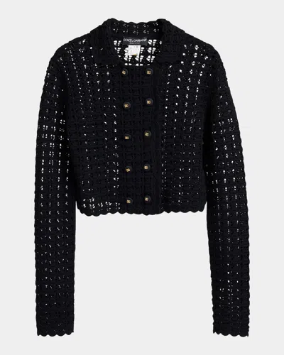 Dolce & Gabbana Double-breasted Crochet Knit Crop Jacket In Black