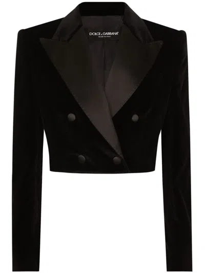 Dolce & Gabbana Cropped Cotton-blend Tuxedo Jacket In Black
