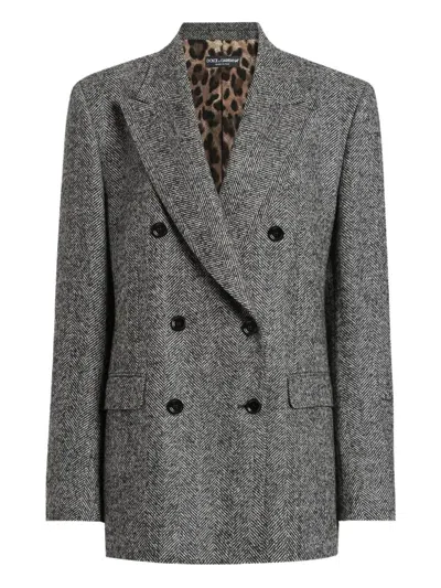 DOLCE & GABBANA DOUBLE-BREASTED HERRINGBONE JACKET WITH ANIMAL PRINT LINING