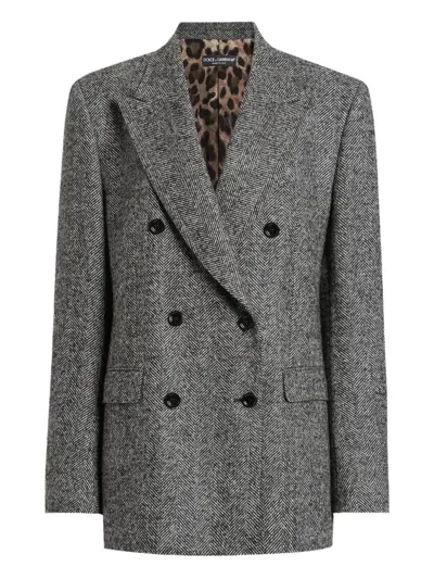 DOLCE & GABBANA DOUBLE-BREASTED HERRINGBONE JACKET WITH ANIMAL PRINT LINING