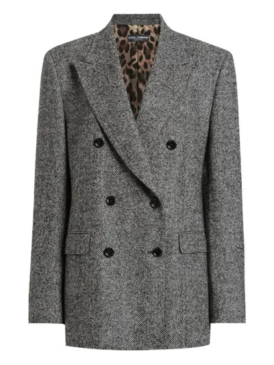 DOLCE & GABBANA DOLCE & GABBANA DOUBLE-BREASTED HERRINGBONE JACKET WITH ANIMAL PRINT LINING CLOTHING