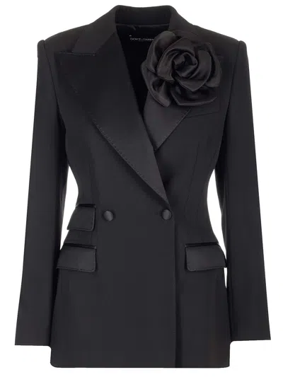 Dolce & Gabbana Wool Tuxedo Jacket With Floral Applique Detail In Black