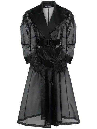 Dolce & Gabbana Satin And Transparent Fabric Trench Coat In Black