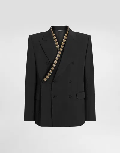 Dolce & Gabbana Double-breasted Sicilia Bistrecht Wool Canvas Jacket In Black