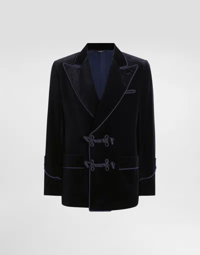 Dolce & Gabbana Double-breasted Sicilia-light Jacket In Smooth Velvet In Blue