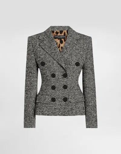 Dolce & Gabbana Double-breasted Wool Blend Jacket With Dotted Print In Gray