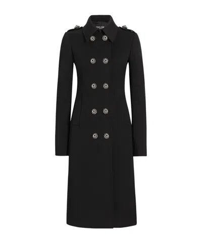 Dolce & Gabbana Double-breasted Wool Coat With Bejeweled Buttons In Black