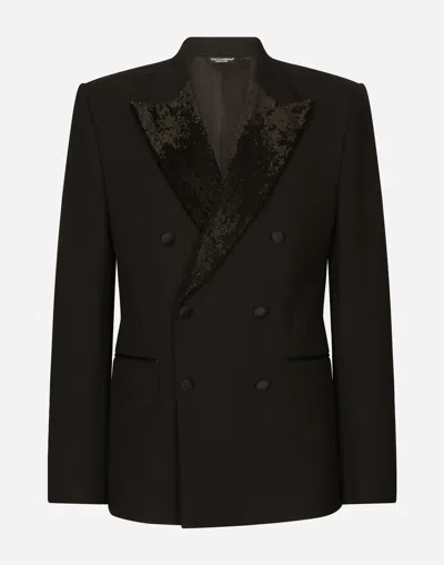Dolce & Gabbana Double-breasted Wool Sicilia-fit Tuxedo Jacket In Black