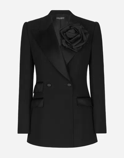 DOLCE & GABBANA DOUBLE-BREASTED WOOLEN JACKET WITH FLOWER APPLIQUÉ