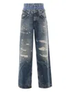 Dolce & Gabbana Women Blue Jeans With Layered Design And Distressed And Ripped Effect In Denim Woman In Blue