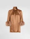 Dolce & Gabbana Double Satin Turtle-neck Top With Feathered Detailing In Beige