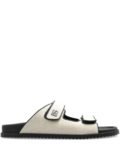 Dolce & Gabbana Double-strap Canvas Slides In Neutral