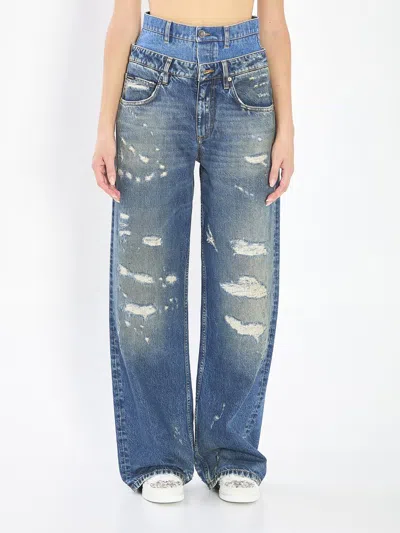 Dolce & Gabbana Double Waist Wide Leg Denim Trousers In Black