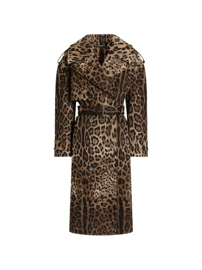 Dolce & Gabbana Double-breasted Leo-print Cotton Drill Coat In Brown