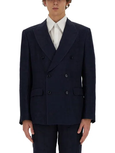 Dolce & Gabbana Double-breasted Linen Jacket In Blue
