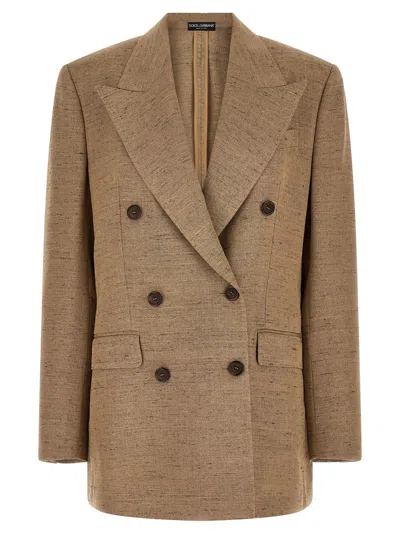 Dolce & Gabbana Double-breasted Linen Tweed Blazer In Beige
