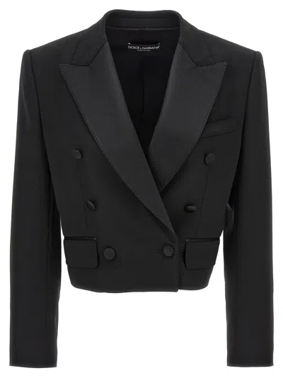 Dolce & Gabbana Double-breasted Tuxedo Crop Blazer In Black