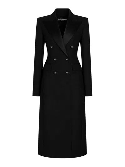 Dolce & Gabbana Double-breasted Satin-trimmed Wool-blend Grain De Poudre Coat In Black