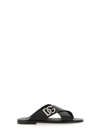 Dolce & Gabbana Black Leather Slippers