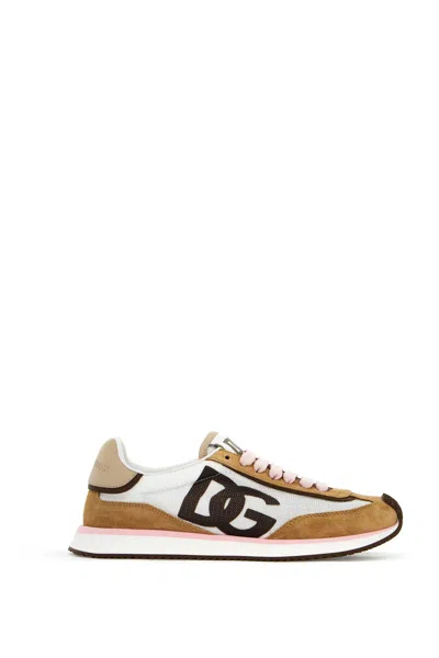 Dolce & Gabbana Dragon Beige Suede Blend Sneakers In Bianco/cacao (beige)
