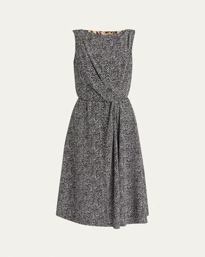 Dolce & Gabbana Draped Chevron Crepe Midi Dress In White Black Print