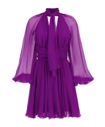 Dolce & Gabbana Tie-neck Pleated Dress In Purple