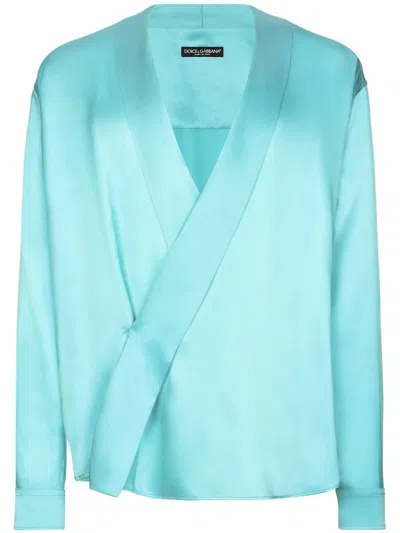 Dolce & Gabbana Draped-detail Silk Shirt In Light Blue 3