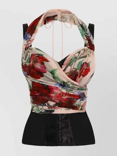 DOLCE & GABBANA DRAPED FLORAL HALTERNECK SLEEVELESS TOP