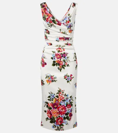 Dolce & Gabbana Draped Floral Satin Midi Dress In White
