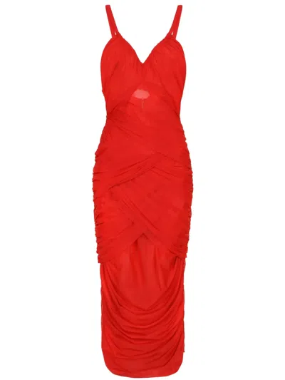 Dolce & Gabbana Draped Layered Tulle Midi Dress In Rosso Lampone