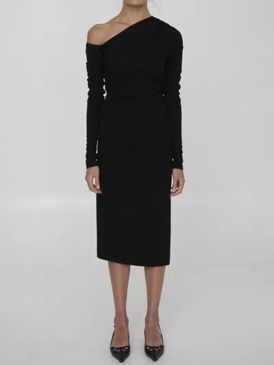 Dolce & Gabbana Black Wrap Sheath One Shoulder Wool Dress