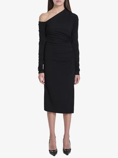 Dolce & Gabbana One-shoulder Long-sleeve Gathered Organza Midi Dress In Black