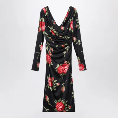 Dolce & Gabbana Draped Satin Dress With Bouquet Rose Print In Black