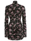 Dolce & Gabbana Black Dress With Floral Print And Side Draping In Silk Woman In Black