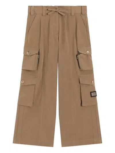 Dolce & Gabbana Kids' Waxed Faille Cargo Trousers In Brown