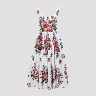 Dolce & Gabbana White Cotton Midi Dress With Floral Print Dolce E Gabbana In Multi