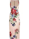 Dolce & Gabbana Satin Calf-length Sheath Dress With Floral Print In Beige