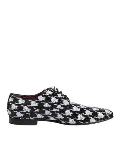 Pre-owned Dolce & Gabbana Dress Black White Sequined Lace Up Derby Men's Shoes () In Multi